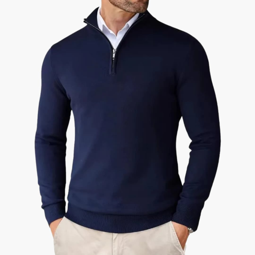 Pull-over homme avec zip quart et bord côte