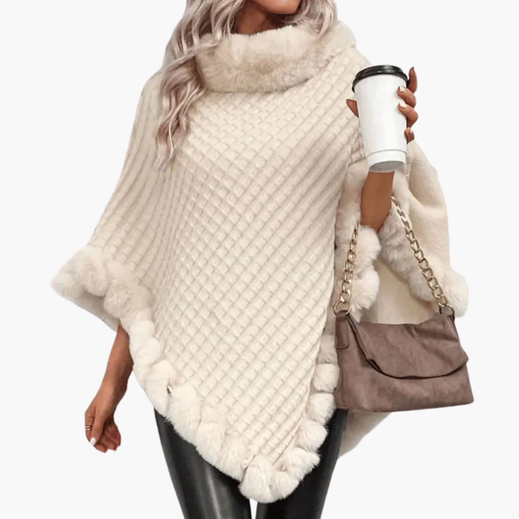 Poncho en Tricot pour Femmes avec Bordure en Fausse Fourrure et Coupe Oversize