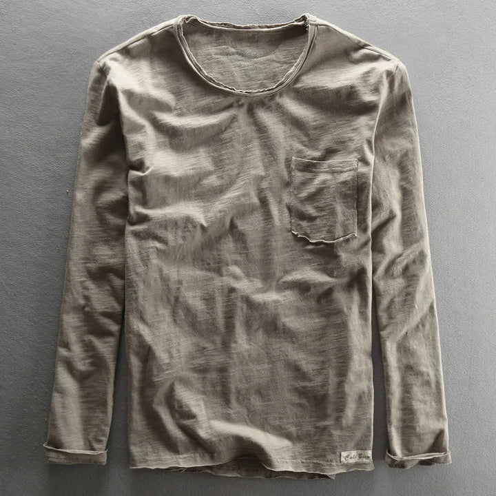 T-shirt en coton vintage à manches longues avec col rond