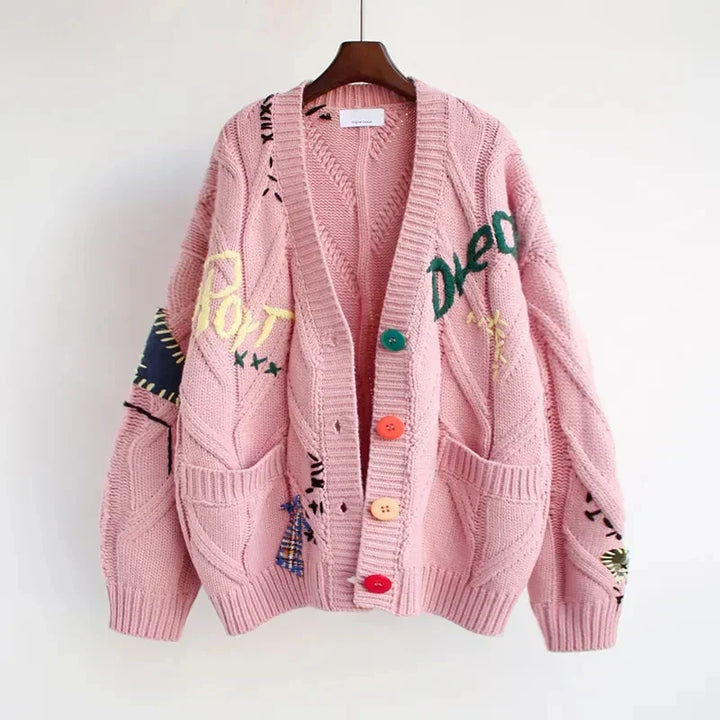 Cardigan en Tricot à Col V pour Femmes avec Broderie Patchwork