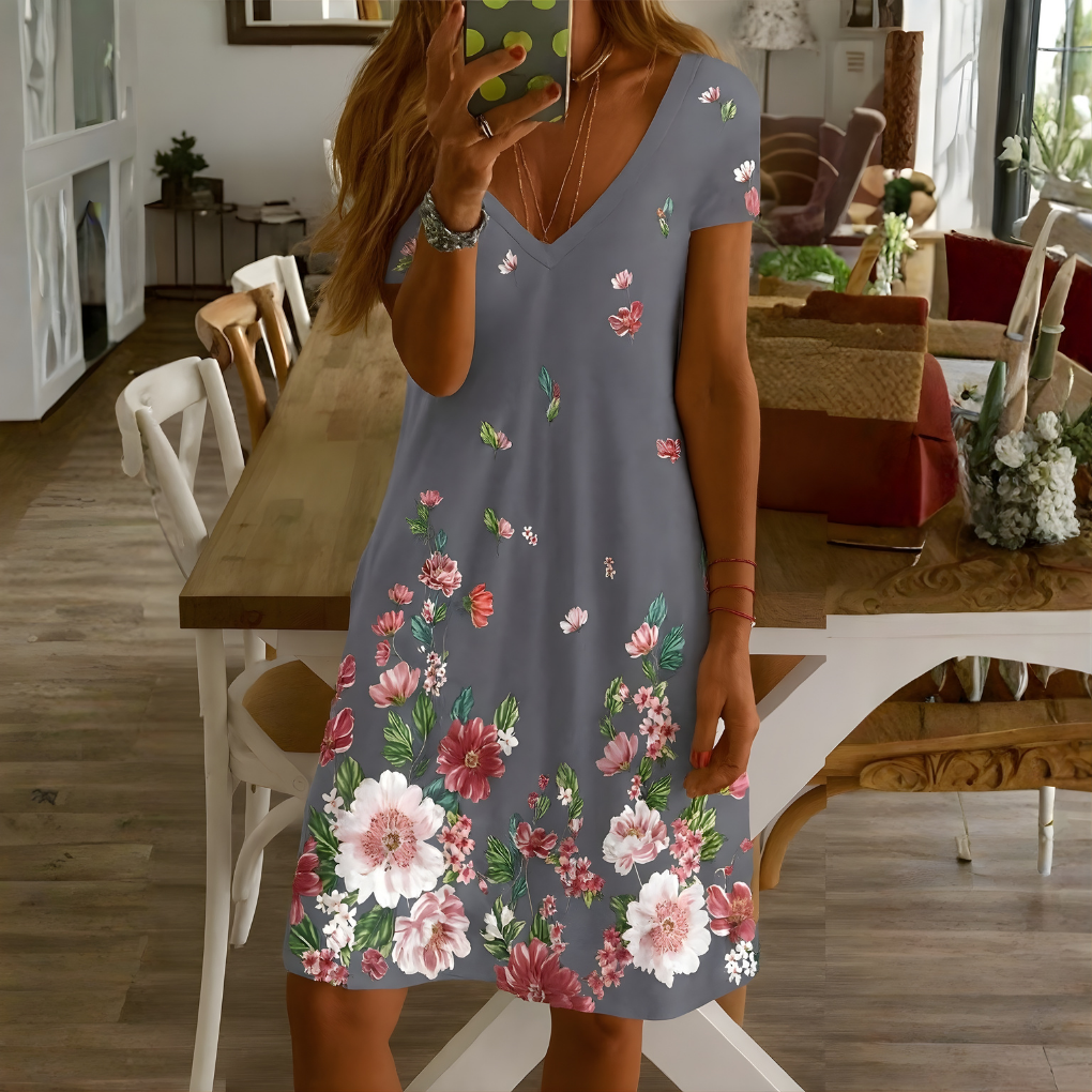 Robe à manches courtes et col en V pour femme