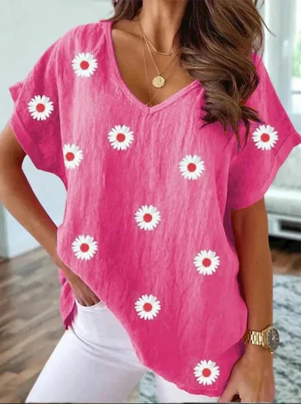 T-shirt casual col V avec impression florale 3D