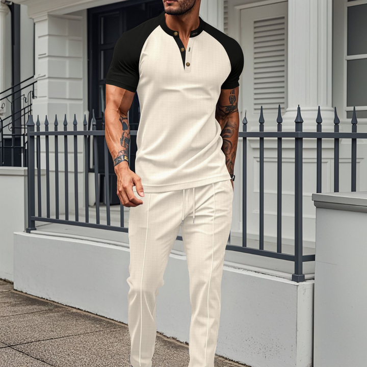 Ensemble de lounge avec chemise à boutons pour hommes et pantalons longs en gaufre