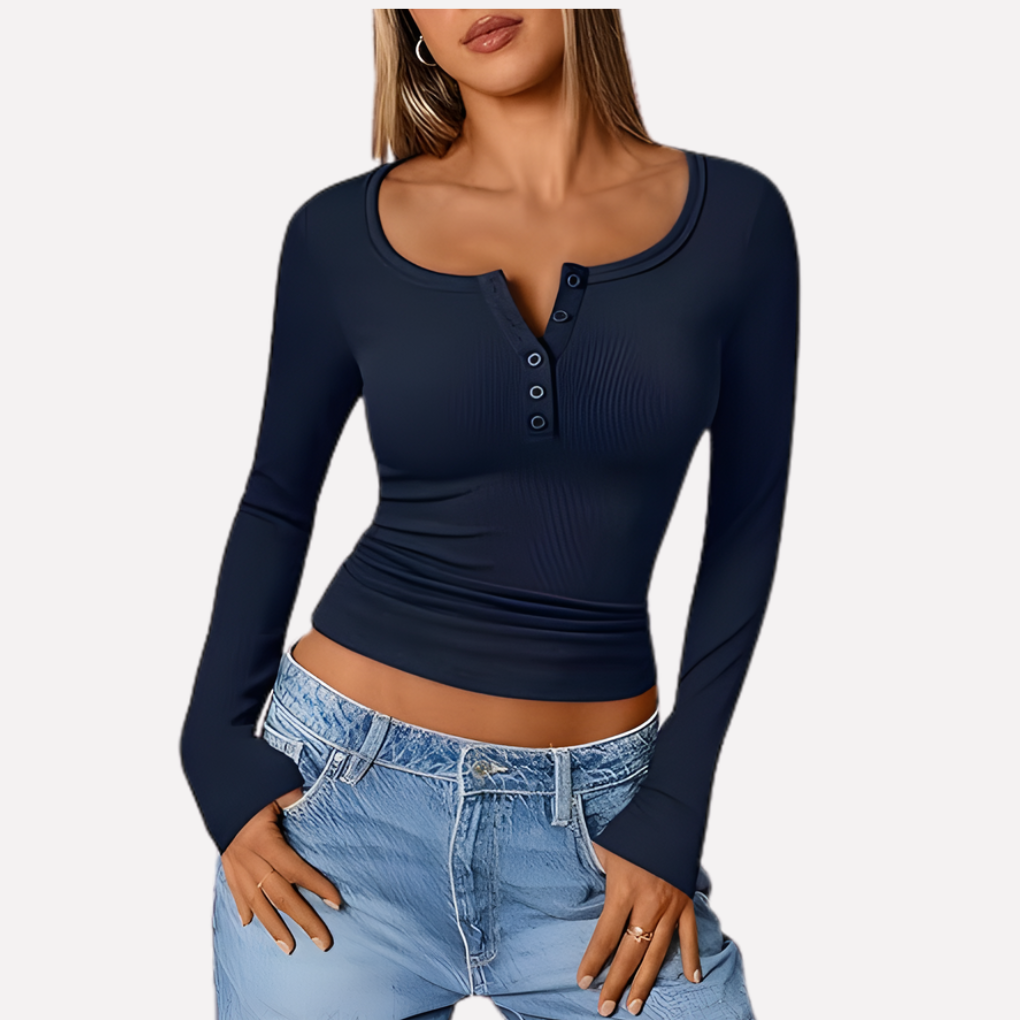 Haut Henley Femme à Manches Longues