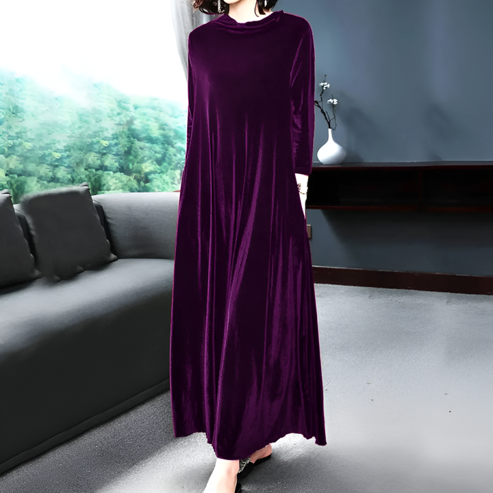 Robe Longue à Manches Velours Rouge Vin pour Femme