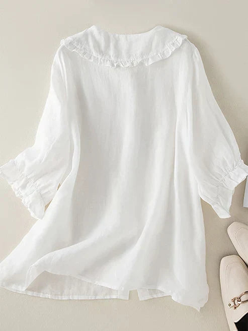 Chemise à col ruffle Peter Pan en coton et lin pour femme