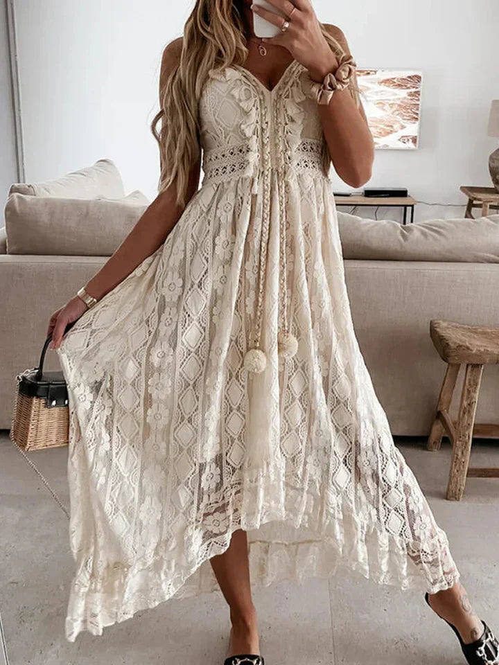 Robe Maxi Bohémienne avec Dentelle et Manches Éléguantes