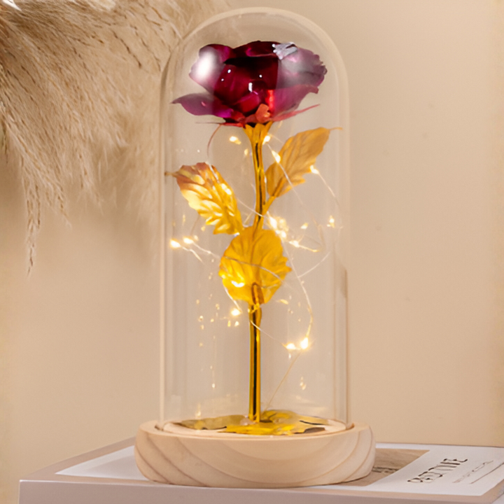 Rose éternelle avec lumière LED sous dôme en verre