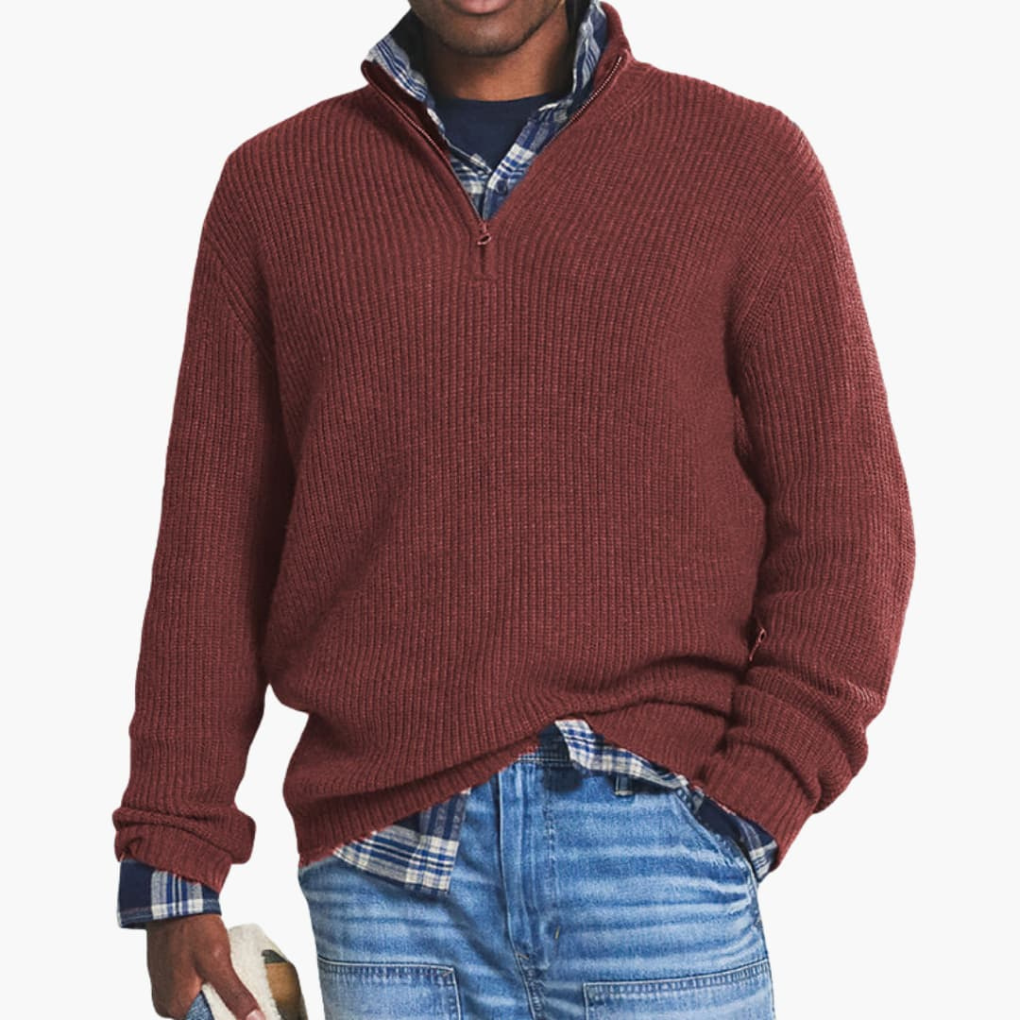 Pull-over en maille côtelée pour homme avec col zipper mi-long