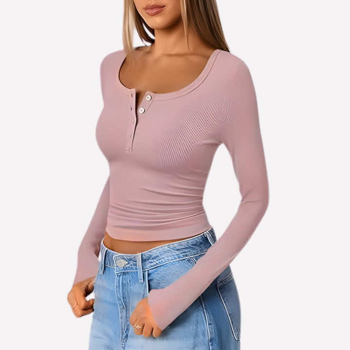 Haut Henley Femme à Manches Longues