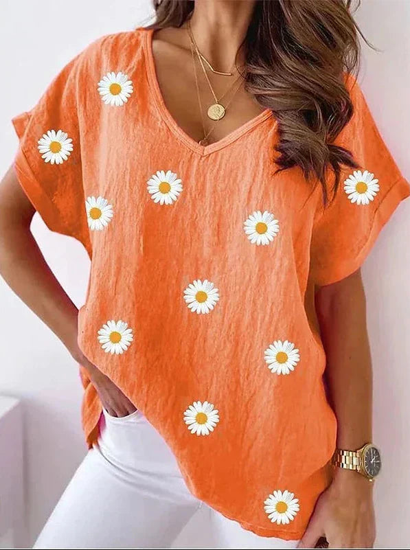 T-shirt casual col V avec impression florale 3D