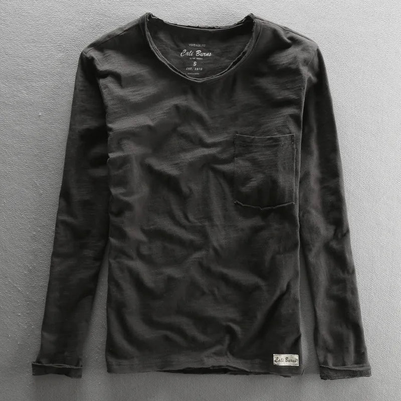 T-shirt en coton vintage à manches longues avec col rond