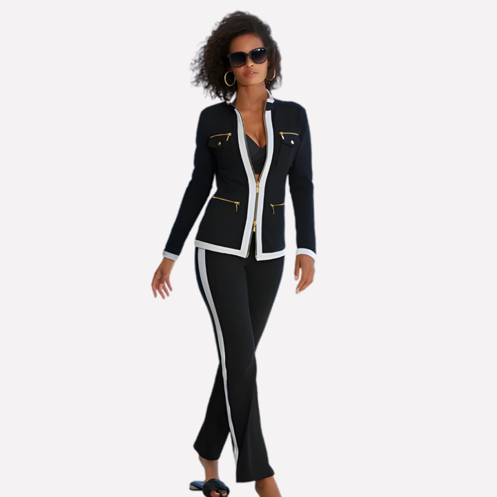 Ensemble Veste à Zip et Pantalon pour Femmes – Style Bord Contrasté