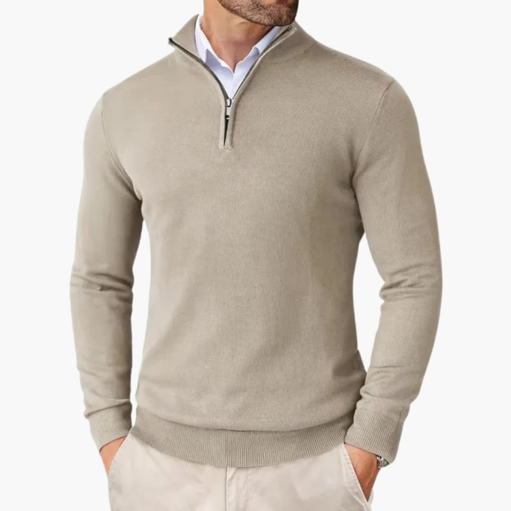 Pull-over homme avec zip quart et bord côte