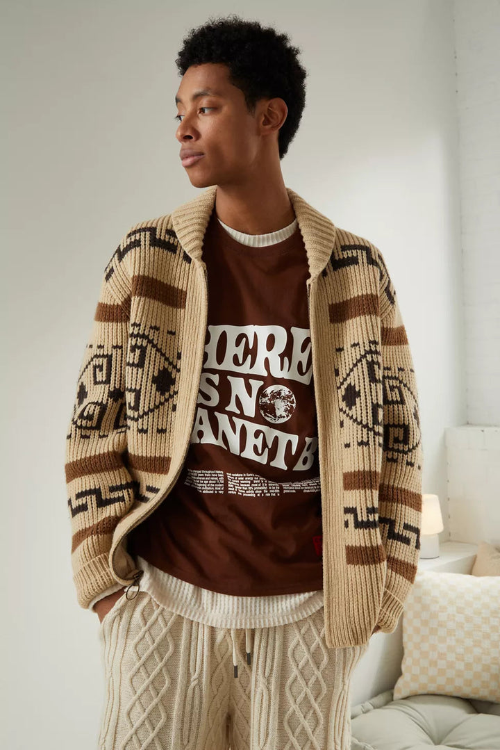 Cardigan Homme Jacquard Tricot Vintage avec Zipper Style Intemporel Rencontre Confort Moderne