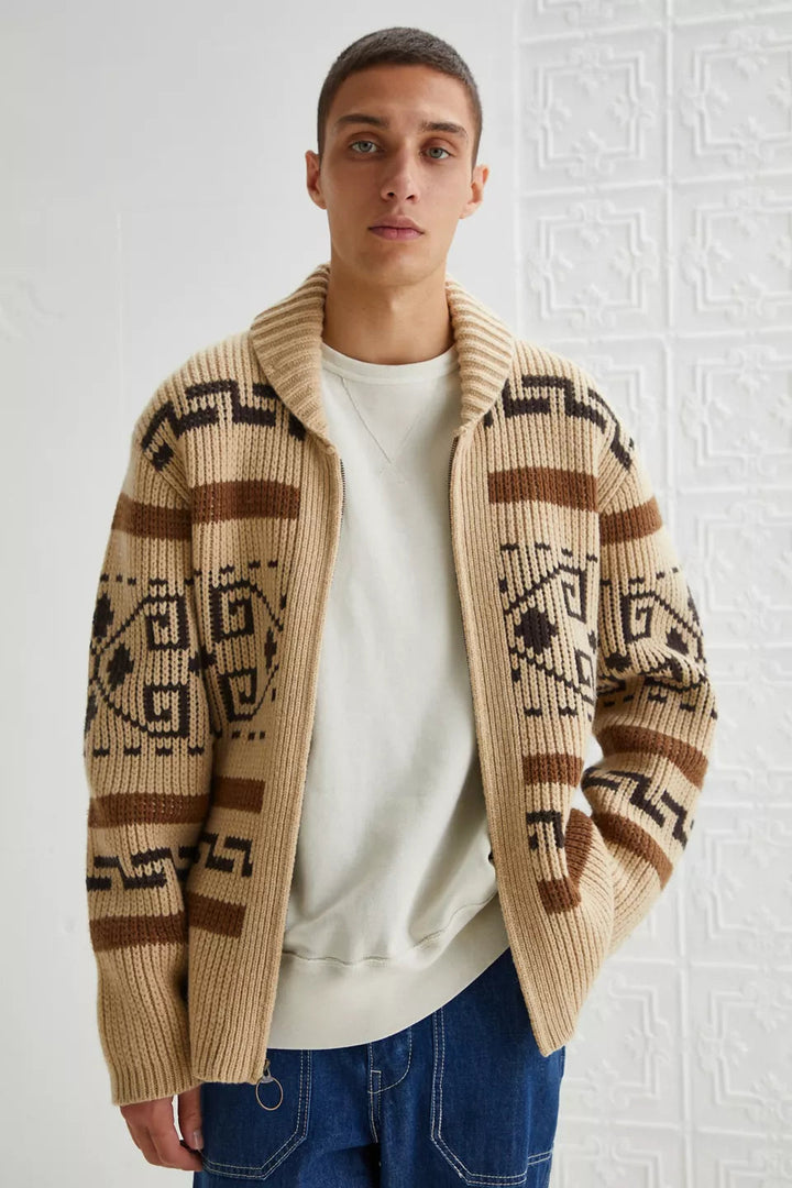 Cardigan Homme Jacquard Tricot Vintage avec Zipper Style Intemporel Rencontre Confort Moderne