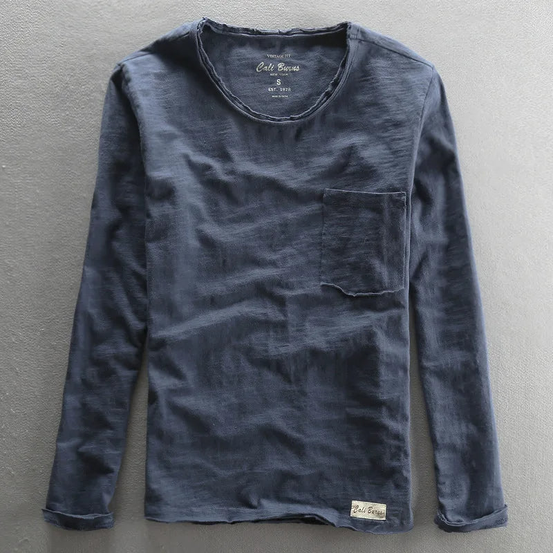 T-shirt en coton vintage à manches longues avec col rond