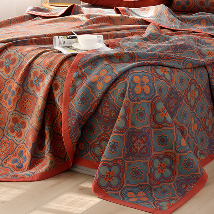 Couverture Réversible en Coton avec Broderie Fleur – Élégance Intemporelle et Confort