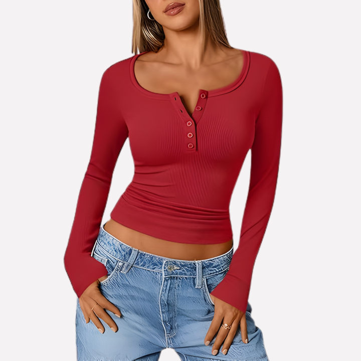 Haut Henley Femme à Manches Longues