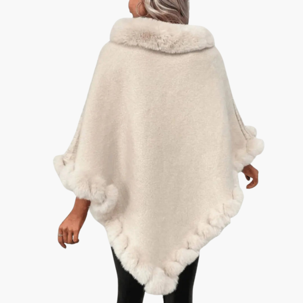 Poncho en Tricot pour Femmes avec Bordure en Fausse Fourrure et Coupe Oversize