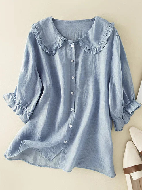 Chemise à col ruffle Peter Pan en coton et lin pour femme