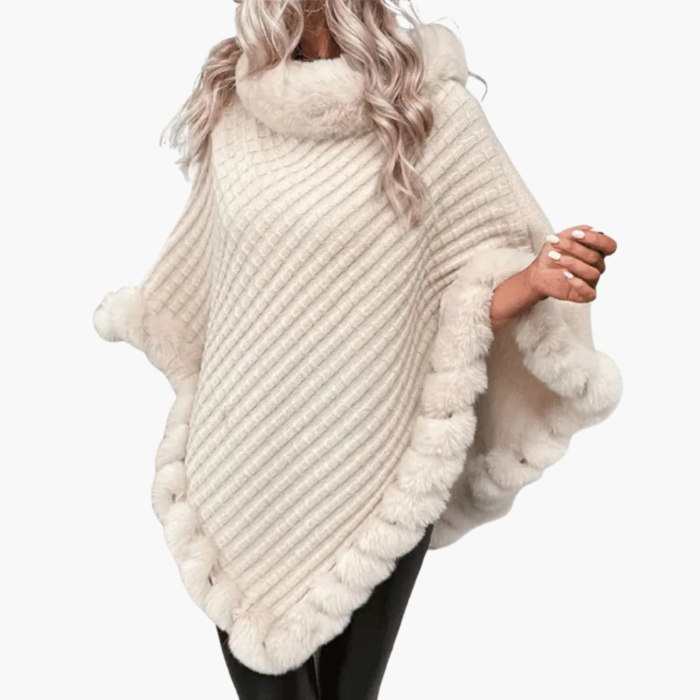 Poncho en Tricot pour Femmes avec Bordure en Fausse Fourrure et Coupe Oversize