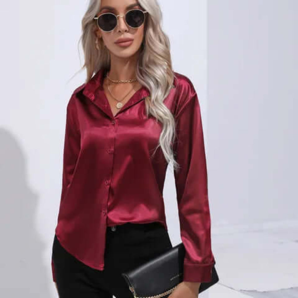 Blouse en satin à manches longues pour femme