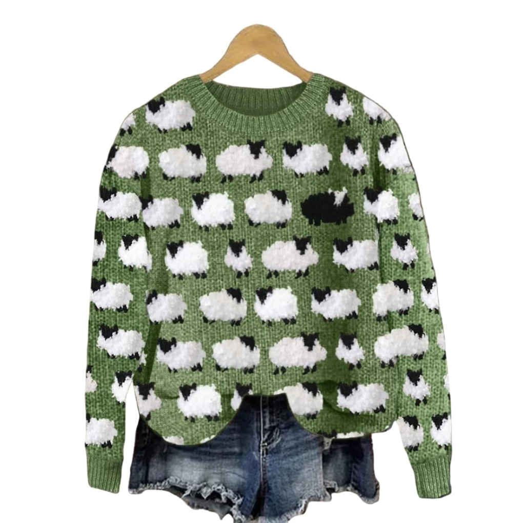 Pull en Tricot Femme avec Motif Arbre et Encolure Ronde