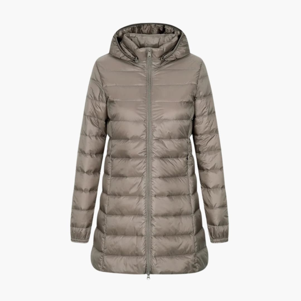 Veste d'hiver femme en doudoune avec capuche et coupe longue