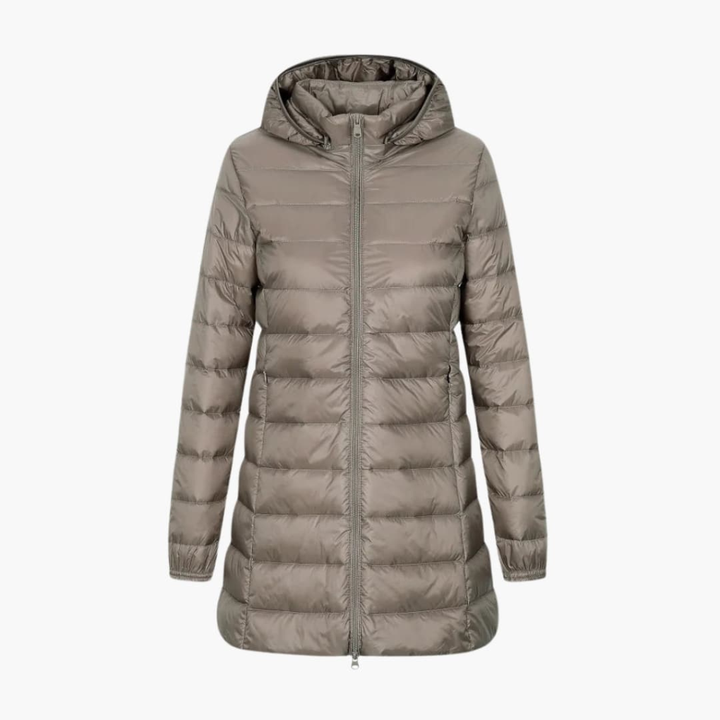 Veste d'hiver femme en doudoune avec capuche et coupe longue