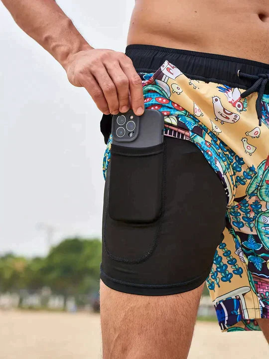 Shorts de bain pour hommes tendance avec doublure et poche pour téléphone