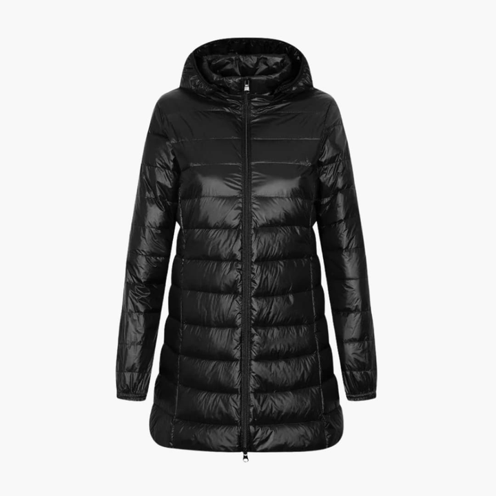 Veste d'hiver femme en doudoune avec capuche et coupe longue