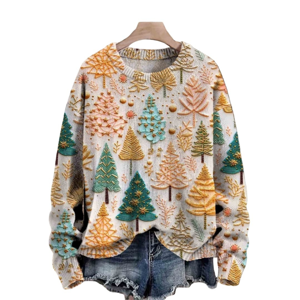 Pull en Tricot Femme avec Motif Arbre et Encolure Ronde