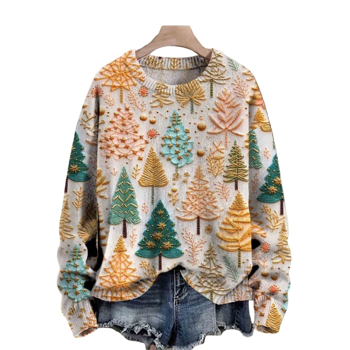 Pull en Tricot Femme avec Motif Arbre et Encolure Ronde