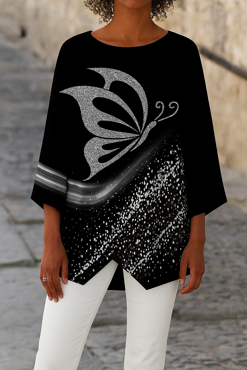 Blouse Femme Imprimé Papillon Col Rond & Manches Longues