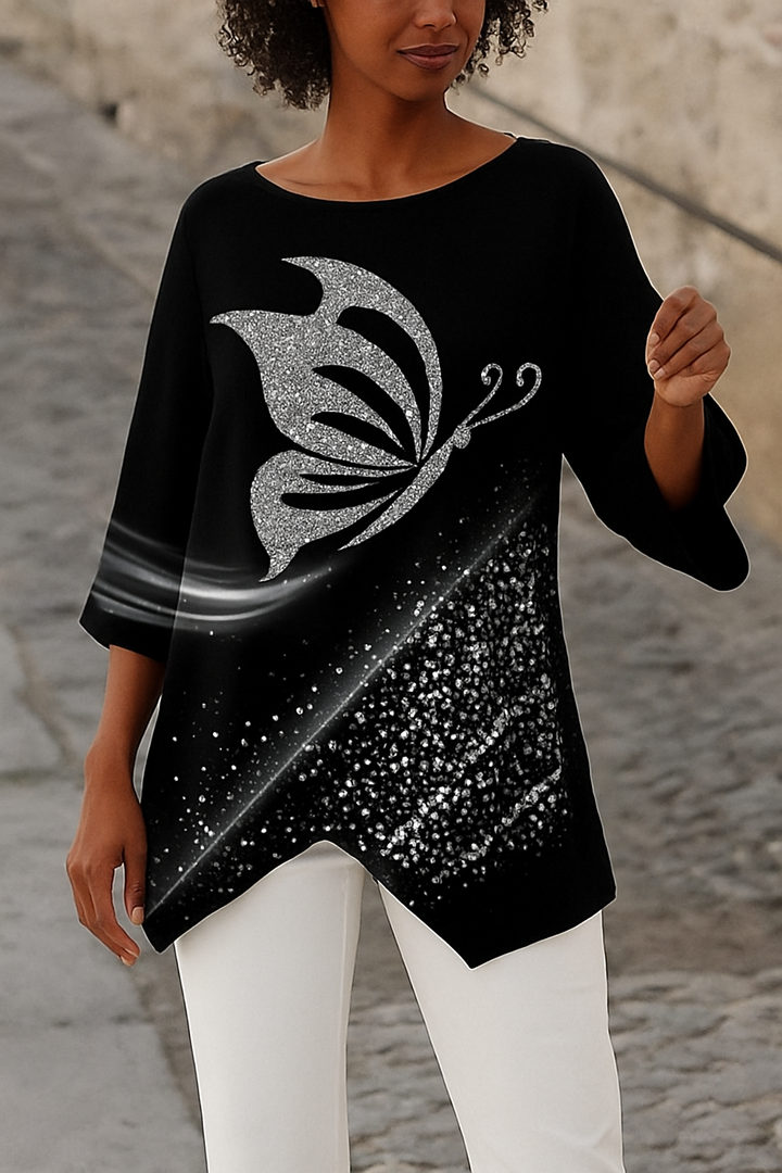 Blouse Femme Imprimé Papillon Col Rond & Manches Longues