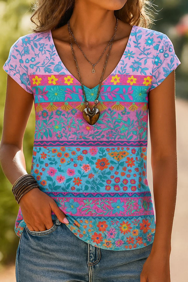 T-Shirt Casual avec Impression Florale et Col en V Style Effortless Rencontre Confort Quotidien