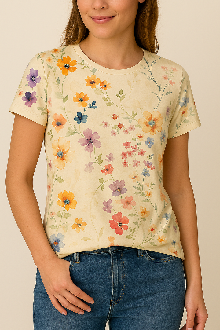 T-shirt Floral Vintage Confort Aérien avec une Touche Rétro