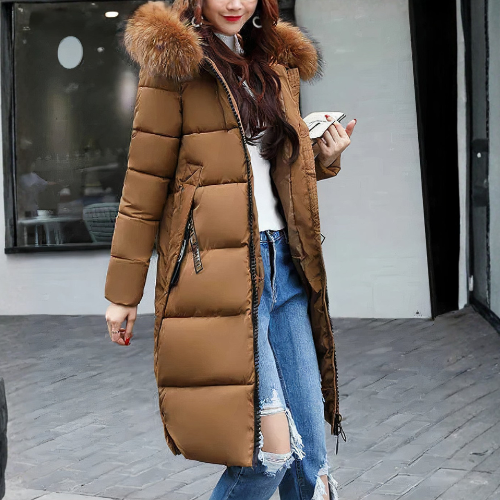 Manteau Long Femme avec Col en Fourrure
