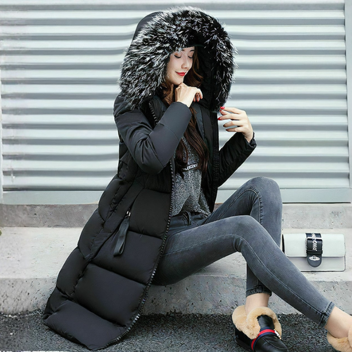 Manteau Long Femme avec Col en Fourrure
