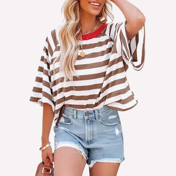 Haut Crewneck Rayé Bloc de Couleur pour Femme