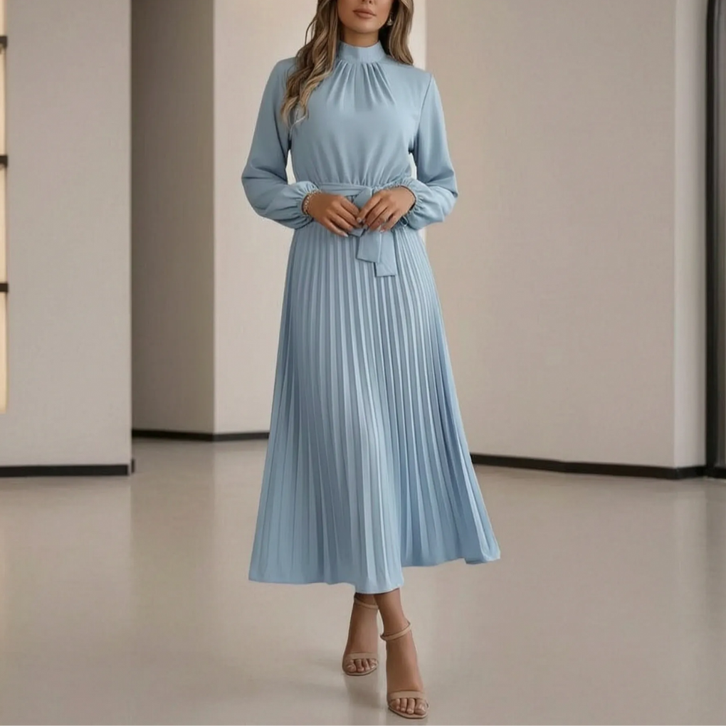 Robe Midi Plissée à Manches Longues avec Ceinture à la Taille