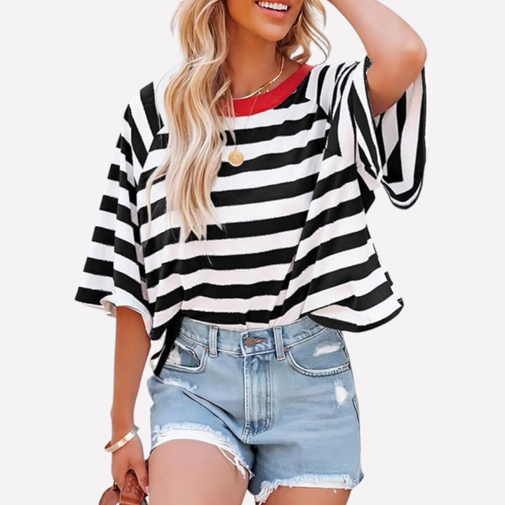 Haut Crewneck Rayé Bloc de Couleur pour Femme