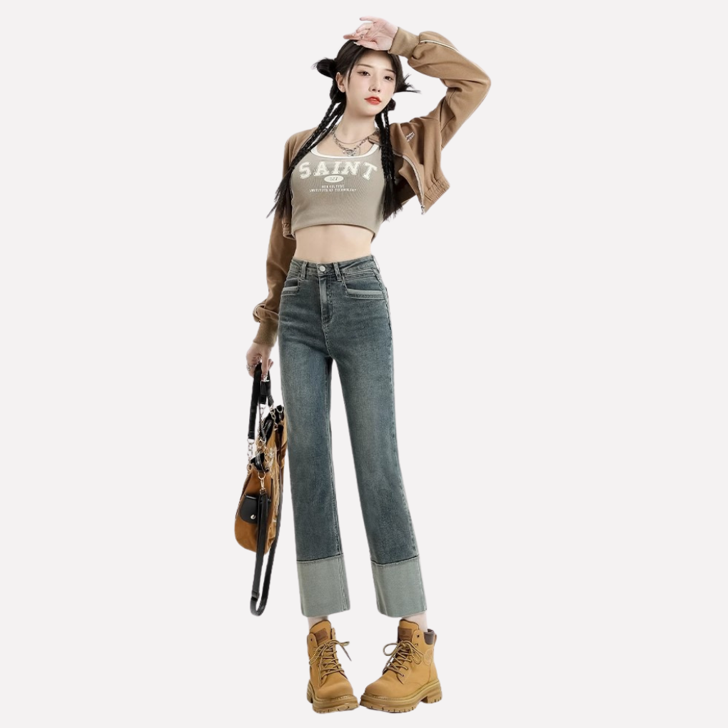 Jeans large jambe haute taille femme