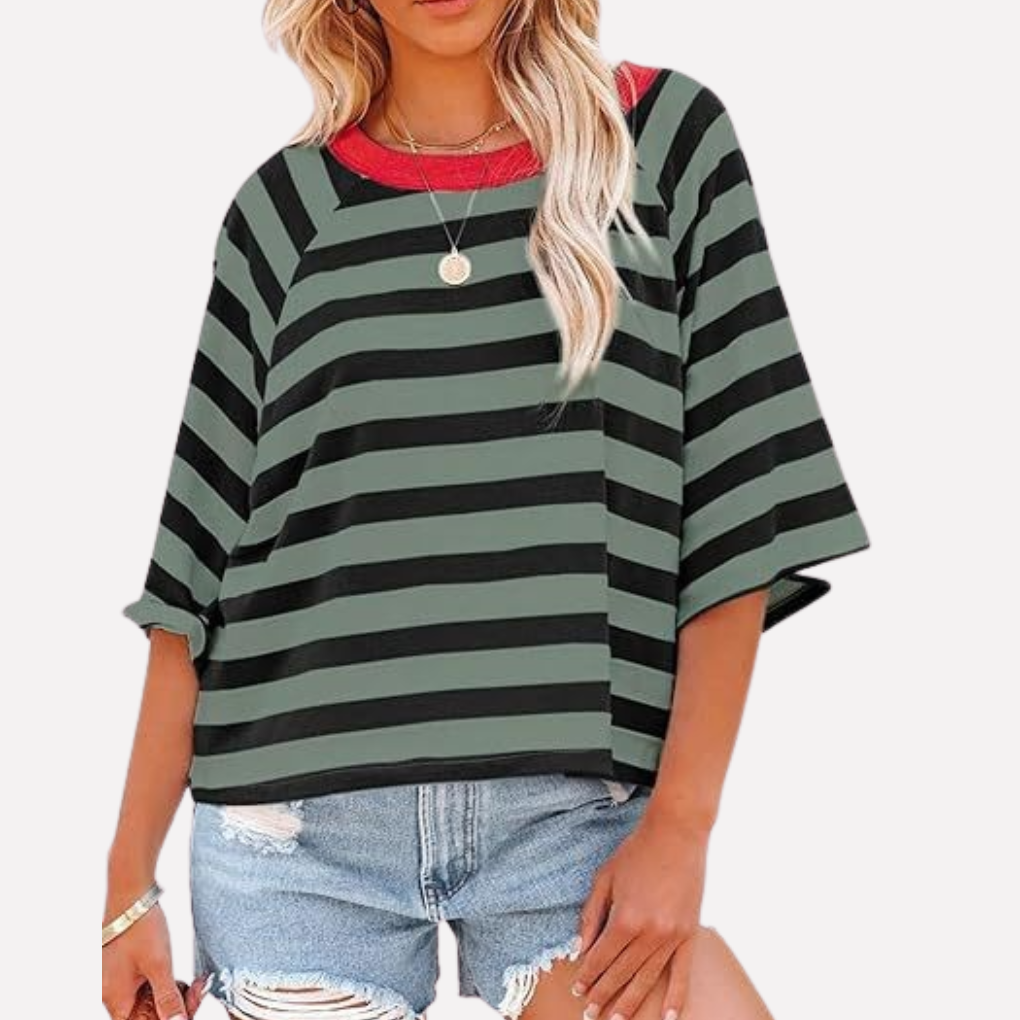 Haut Crewneck Rayé Bloc de Couleur pour Femme