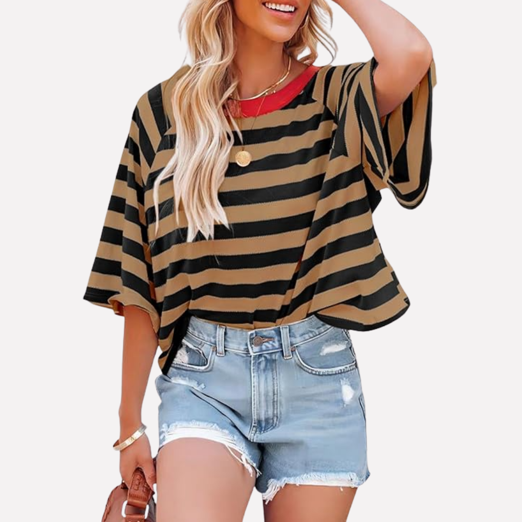 Haut Crewneck Rayé Bloc de Couleur pour Femme