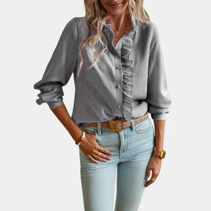 Blouse Rayée Femme avec Volants et Fermeture Bouton Élégante