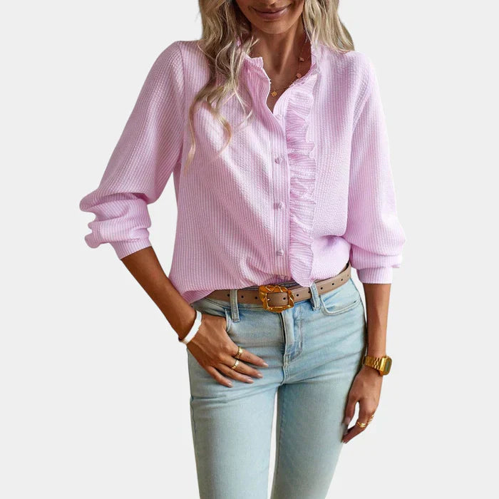 Blouse Rayée Femme avec Volants et Fermeture Bouton Élégante