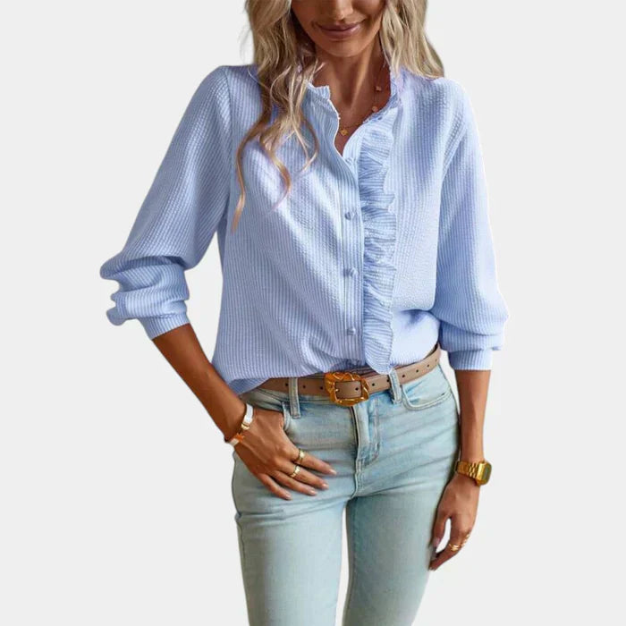 Blouse Rayée Femme avec Volants et Fermeture Bouton Élégante