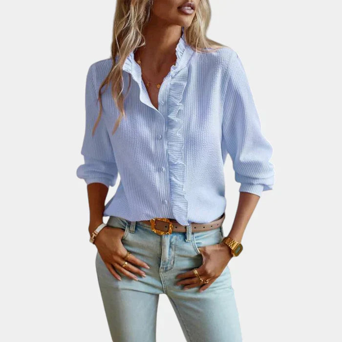 Blouse Rayée Femme avec Volants et Fermeture Bouton Élégante